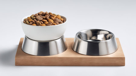 This image showcases a sleek pet food bowl set featuring a ceramic bowl filled with dry food, complemented by a modern wooden base. The design is functional and stylish, perfect for pet owners who value aesthetics and practicality in their home decor.の素材