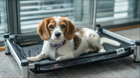 A charming beagle mix lies comfortably on a modern dog bed, blending style with comfort in a bright, inviting indoor space.の素材