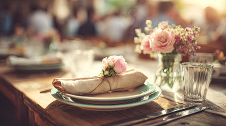 An elegant table setting featuring a plate with a napkin and a floral centerpiece in a rustic venue. Perfect for events and gatherings.の素材