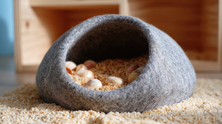 This cozy gray felt pet bed provides a perfect retreat for small animals, designed with natural wood accents and soft bedding for a warm environment.の素材