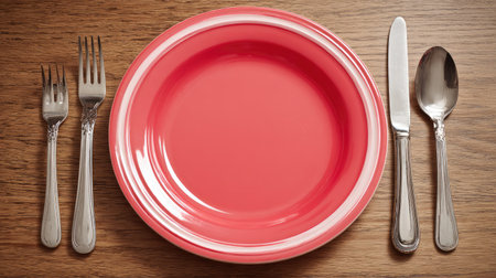 A vibrant coral plate sits elegantly with ornate silver cutlery on a rustic wooden table, creating a perfect setting for an exquisite dining experience.の素材