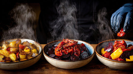 A vibrant display of freshly cooked vegetables in three bowls, with steam rising, showcasing a colorful and healthy meal preparation scene.の素材