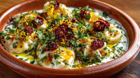 A visually appealing dish featuring dumplings topped with yogurt, fresh herbs, and spices, beautifully presented in a clay pot on a wooden surface.の素材