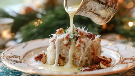 A scrumptious dessert showcasing a moist cake topped with nuts and drizzled with creamy sauce, perfect for festive occasions and holiday gatherings.の素材
