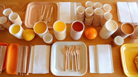 A vibrant setup featuring cups, utensils, and fruits on a wooden table, perfect for event preparation, showcasing a cheerful and organized arrangement.の素材