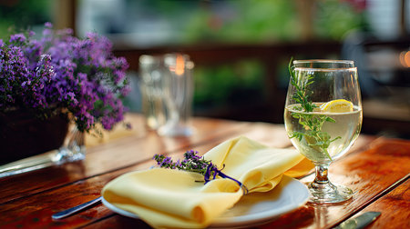 A beautifully arranged dining table features a refreshing drink with herbs and lemon, complemented by colorful flowers, creating a serene outdoor atmosphere.の素材