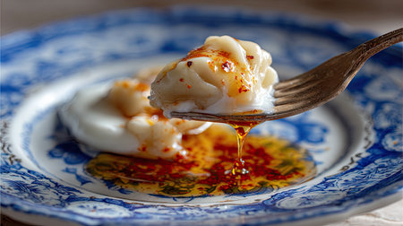 A close-up image of a delectable dish featuring a soft texture infused with a rich sauce, beautifully presented on an elegant vintage plate, ready to be savored.の素材