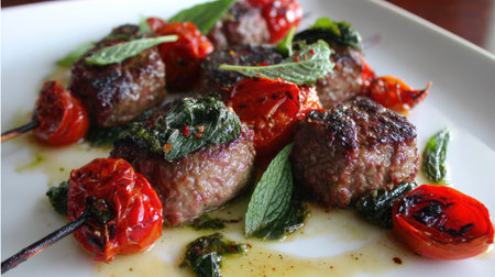 Savory grilled meat skewers served with cherry tomatoes and fresh herbs create an appetizing dish perfect for summer meals and gatherings.の素材