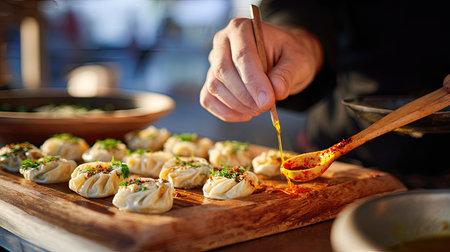 A skilled chef delicately drizzles a vibrant sauce over freshly steamed dumplings on a rustic wooden board, showcasing culinary artistry and delicious flavors.の素材