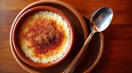 A delightful creamy dessert served in an earthenware pot, topped with a layer of caramelized sugar and cinnamon, perfect for any sweet tooth.の素材