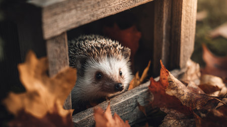 A charming hedgehog peeks out from a rustic wooden shelter, surrounded by vibrant autumn leaves. This serene moment showcases the beauty of wildlife.の素材