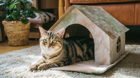A charming tabby cat rests comfortably inside a cardboard house, basking in the sunlight of a bright living room, showcasing pet companionship.の素材