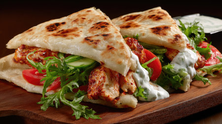 Enjoy a delightful serving of freshly grilled chicken wraps, packed with crisp vegetables and a tangy sauce, perfect for any meal occasion.の素材