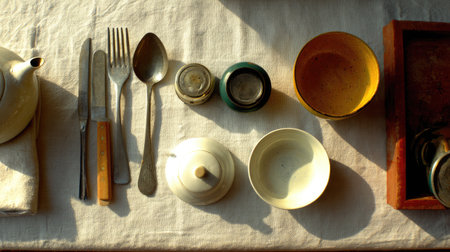 Discover an elegant table setting featuring vintage cutlery and ceramic dishware arranged on a soft linen tablecloth, creating a warm and inviting dining atmosphere.の素材