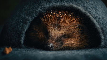 A charming close-up of a hedgehog peacefully sleeping under a soft gray blanket, highlighting its unique spines and warm fuzzy appearance in natural light.の素材