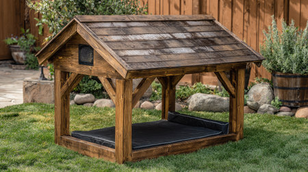 A beautifully crafted wooden pet house sits on lush grass in a serene outdoor garden, providing a perfect cozy shelter for dogs and cats.の素材