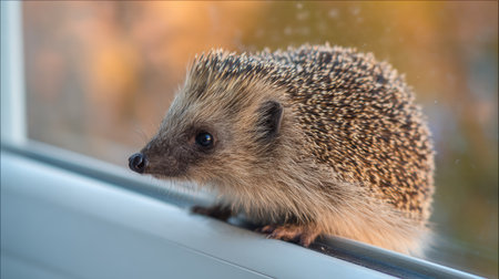 This image features a cute hedgehog perched near a window, showcasing its distinct quills and curious expression against a warm autumn backdrop.の素材