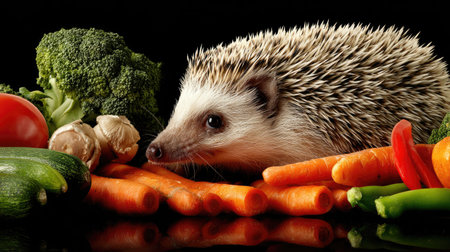 A charming hedgehog rests among an assortment of fresh vegetables, including carrots and broccoli, promoting healthy lifestyles and vibrant colors.の素材