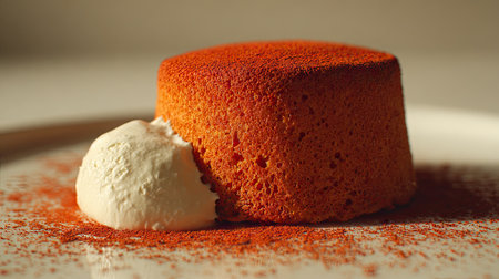 A beautifully presented dessert featuring a fluffy cake topped with delicious cream, complemented by a sprinkle of red powder for an elegant touch.の素材