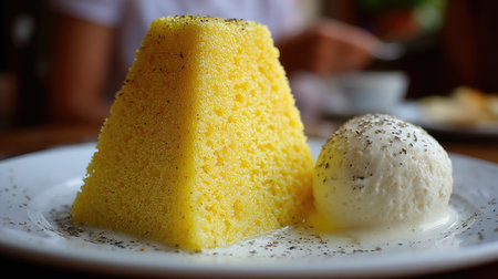 A beautifully presented pyramid-shaped yellow dessert accompanied by a scoop of creamy ice cream. Perfect for food lovers seeking indulgence.の素材