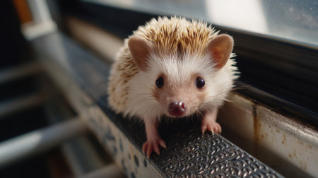 A charming close-up of a small hedgehog displaying its spiky fur and curious expression while sitting on a textured surface in bright lighting.の素材