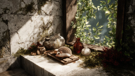 This enchanting still life showcases a charming hedgehog amidst vintage glassware on a sunlit windowsill, surrounded by lush greenery and natural elements.の素材