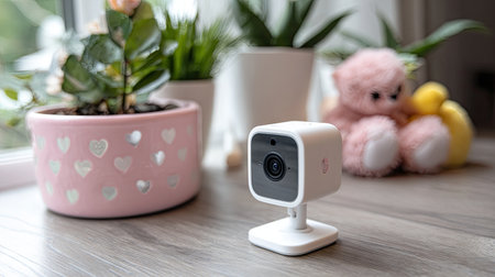 A modern security camera placed on a table surrounded by vibrant houseplants and plush toys, creating a cozy and safe indoor atmosphere.の素材