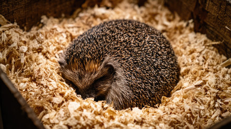 This heartwarming image captures a cute hedgehog curled up in a cozy nest of soft wood shavings, showcasing its natural behavior and habitat.の素材