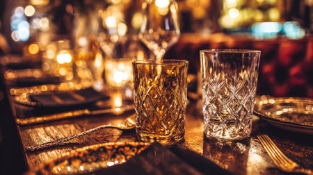A beautifully arranged table featuring crystal glasses, illuminated by warm candlelight, creating an inviting and elegant atmosphere for dining.の素材