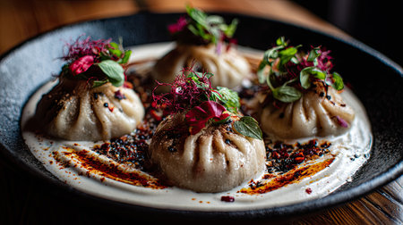 A stunning display of elegant dumplings arranged on a dark plate, adorned with colorful herbs and spices, enticing the senses with a gourmet touch.の素材