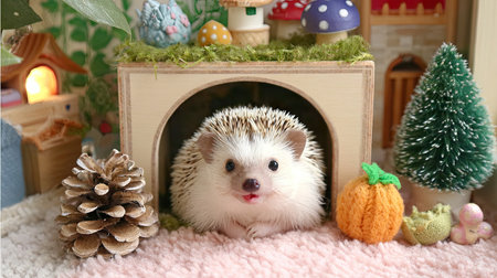 This charming image features a cute hedgehog peeking from a cozy wooden house surrounded by colorful decorations, creating a whimsical atmosphere.の素材