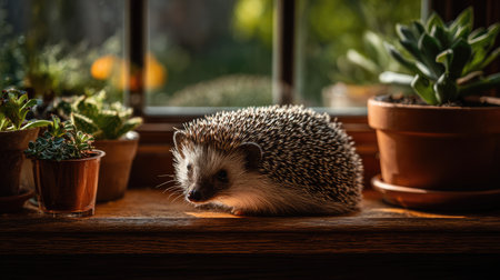 A charming hedgehog rests quietly on a wooden windowsill, bathed in warm sunlight, surrounded by vibrant green plants in terracotta pots. This scene captures the essence of tranquility and the beauty of nature indoors, showcasing the cuddly charm of small wildlife.の素材