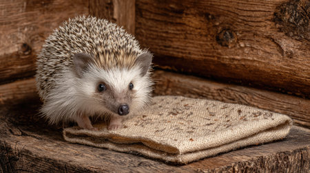 This charming image captures an adorable hedgehog in a rustic wooden setting, exploring a natural fabric square. The hedgehog's curious expression brings warmth and whimsy to any collection.の素材