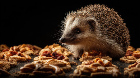 This captivating image showcases a charming hedgehog nestled among an assortment of tasty pet snacks, highlighting its unique spines and curious eyes.の素材