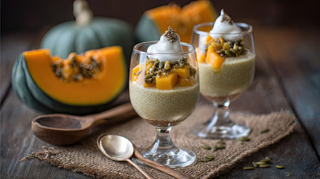A delightful presentation of creamy pumpkin dessert topped with whipped cream and nut garnish, set against a rustic wood backdrop for a seasonal touch.の素材