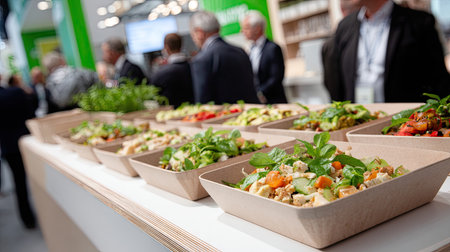 A vibrant display of freshly prepared salads at a modern event, emphasizing healthy eating choices and colorful ingredients in an inviting setting.の素材