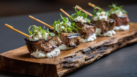 A visually appealing image of grilled beef skewers served on a rustic wooden platter. Garnished with creamy sauce and fresh herbs, ideal for culinary presentations.の素材