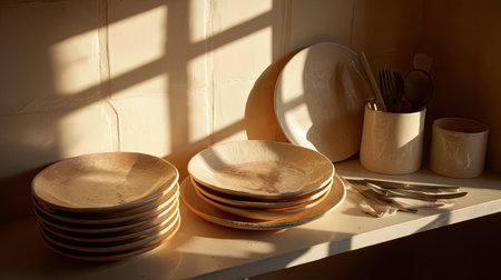 This warm, sunlit scene captures a collection of rustic wooden plates and minimalist tableware on a kitchen shelf, creating an inviting ambiance.の素材