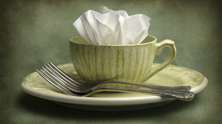 This image showcases an elegant table setting featuring a vintage green cup filled with a folded napkin, paired with silver forks on a matching plate.の素材