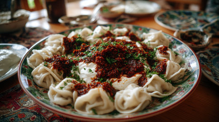 A vibrant plate of traditional dumplings garnished with rich spices and fresh herbs creates an inviting culinary experience, perfect for sharing.の素材