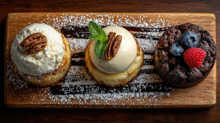 A visually stunning dessert platter features creamy ice cream topped with a pecan, rich chocolate cake adorned with fresh berries, and airy whipped cream.の素材