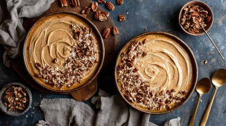 This image showcases two elegant bowls filled with creamy dessert topped with swirls and crunchy nuts, presented on a rustic wooden surface.の素材