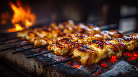 This vibrant image captures juicy grilled chicken skewers sizzling on a barbecue grill, adorned with flames and glowing charcoal, evoking a delicious ambiance.の素材