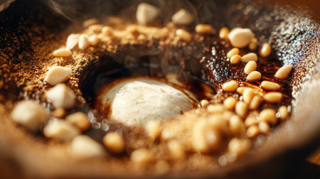 A mouthwatering close-up of a rich sauce featuring pine nuts and spices, creating an inviting and aromatic culinary scene in a rustic bowl.の素材