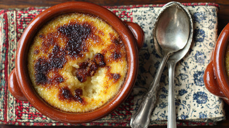 This delectable dessert features a rich creamy base topped with a perfectly caramelized sugar crust, served in rustic bowl. Ideal for any occasion!の素材