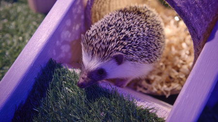 This delightful image features a hedgehog exploring its cozy habitat, surrounded by soft bedding and playful illumination. The setting captures the charm of small animals in a loving environment.の素材