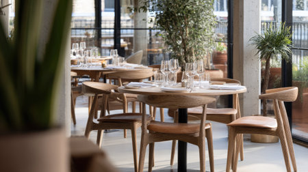 Discover the charm of a contemporary restaurant interior, showcasing elegant wooden furnishings, ample natural light, and inviting ambiance for guests.の素材