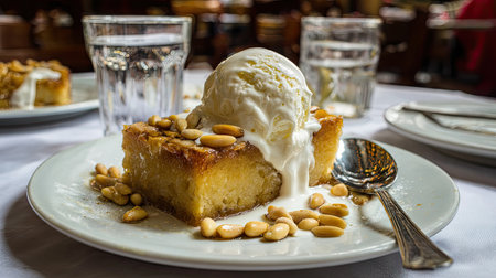 A visually appealing dessert showcasing a moist cake topped with creamy ice cream and sprinkled with pine nuts, served in a restaurant setting.の素材