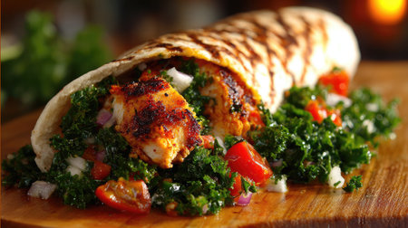 Savory grilled chicken wrap filled with colorful vegetables and fresh herbs, beautifully presented on a wooden board, ideal for healthy dining options.の素材