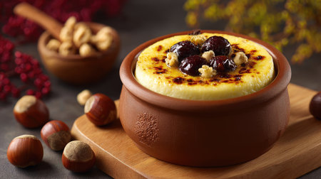 A beautifully arranged creamy custard dessert, adorned with caramelized cherries and nuts, showcasing vibrant colors in a rustic clay bowl.の素材
